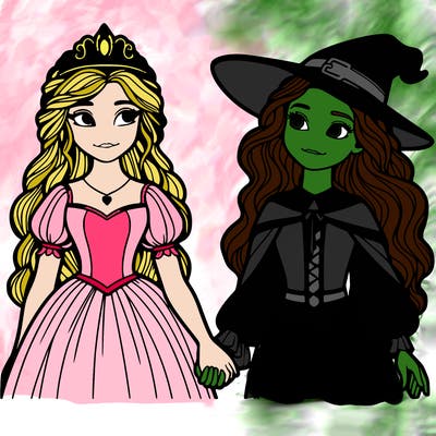 a princess and a witch holding hands realistic