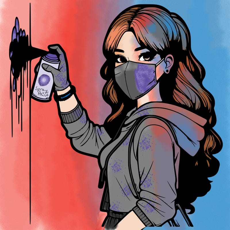 realistic girl with mask spray painting a wall
