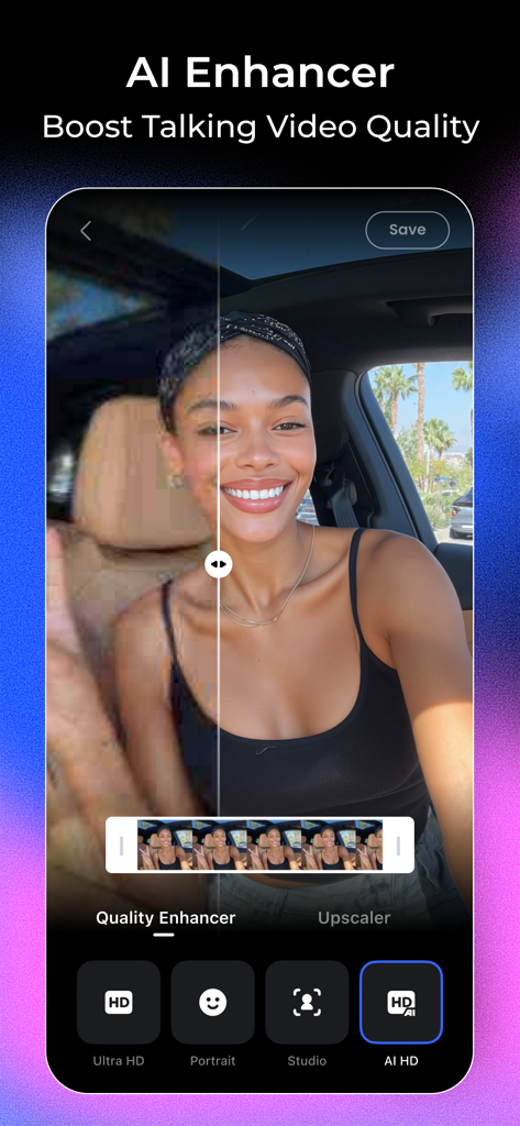 Vmake: AI Talking Video Editor - Una comparación de antes y después que muestra la función Mejorador IA en la aplicación Vmake mejorando la resolución y claridad de un video.