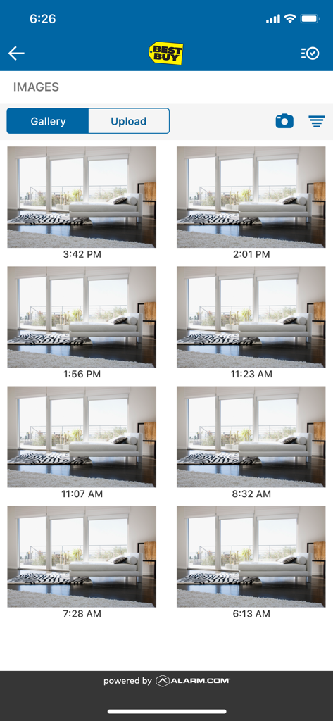 Best Buy Assured Living app interface showing a gallery of timestamped photos of a living room
