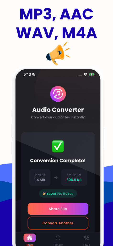 Mobile app screen showing a completed audio conversion with seventy nine percent file size reduction