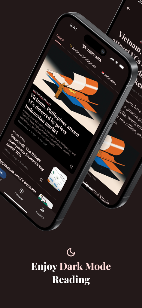 Tech in Asia: News & Analysis - Tech in Asia app news feed in dark mode featuring articles about venture capital and startups in Southeast Asia.