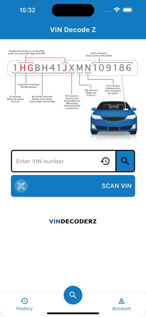 VINDECODERZ app home screen featuring a VIN code breakdown illustration and a scan button for vehicle identification.