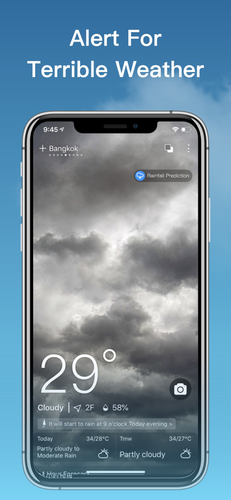 Weather- NOAA Weather Radar - Captura de pantalla de iPhone de la aplicación NOAA Weather mostrando una alerta de tormenta y predicción de lluvia