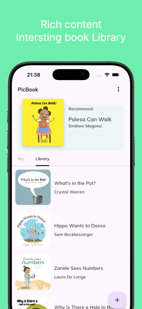 PicBook: Picture Book Creator - La pantalla de la biblioteca de la aplicación PicBook que muestra una colección de libros de cuentos digitales ilustrados para niños.