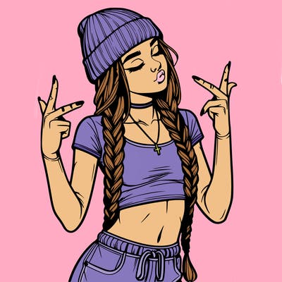 realistic teenage girl with braids and a beanie and crop top doing 🫶🏼