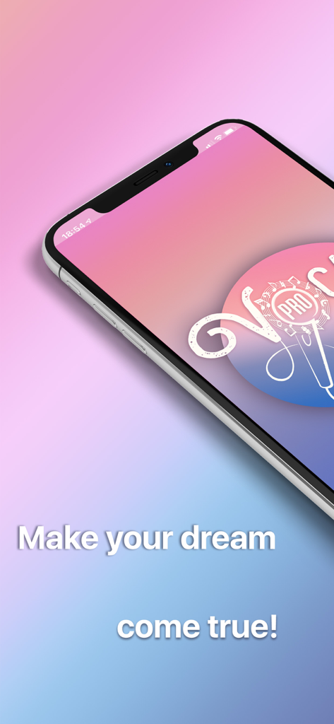 VocalEx Pro. Singing Tutorial - VocalEx Pro singing tutorial app splash screen on a smartphone with the text Make your dream come true