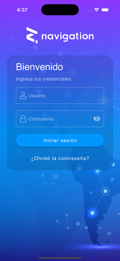 Pantalla de inicio de sesión de la aplicación móvil Navegación GPS en español con campos para nombre de usuario y contraseña.