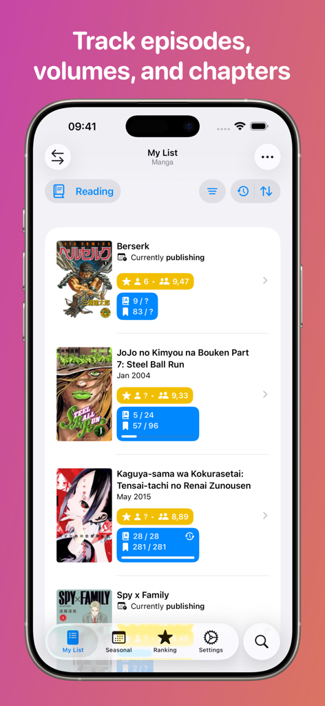 ManGo - Anime & Manga Tracker - Interfaz de la aplicación ManGo mostrando una lista de títulos de manga con seguimiento de progreso de volúmenes y capítulos en un iPhone