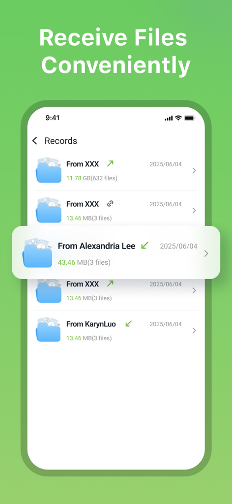 Tracover - File Transfer - Un elenco di record di file ricevuti nell'app Tracover che mostra nomi del mittente e dimensioni dei file