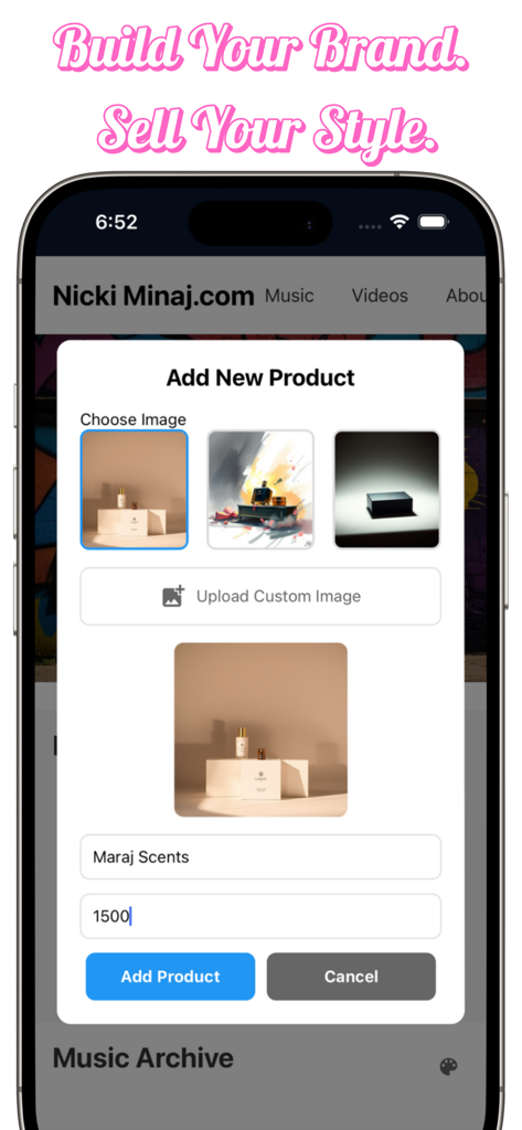 Essential Popstar Life Sim - Pantalla de juego que muestra a una popstar añadiendo un nuevo producto de perfume a su sitio web de marca en el juego de simulación.