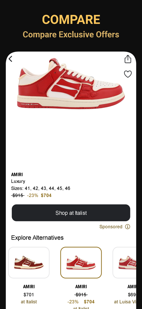 Luxury Brands Search｜CHERCHER - Écran mobile de l'application CHERCHER comparant les prix des baskets de luxe AMIRI de différents détaillants