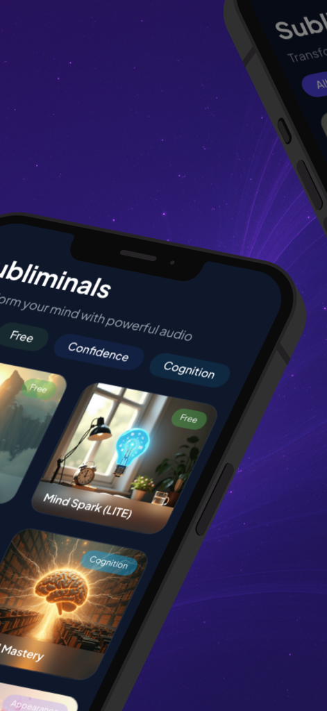 Sublimind: Custom Subliminals - Interface do aplicativo móvel Sublimind mostrando uma biblioteca de faixas de áudio subliminar para confiança e cognição