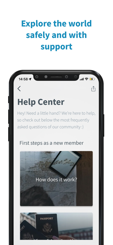 Worldpackers app Help Center screen showing travel safety and support options for new members