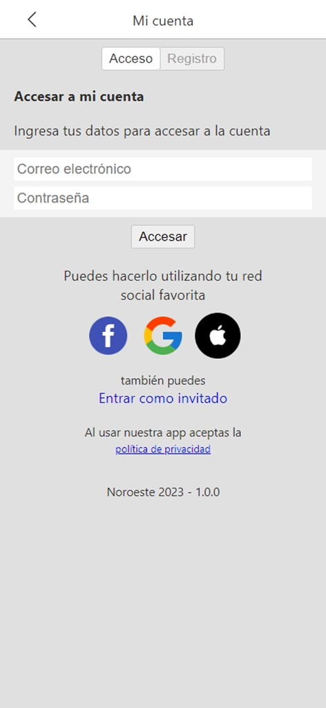 Pantalla de inicio de sesión para la aplicación de noticias Noroeste con opciones de inicio de sesión por correo electrónico y redes sociales.