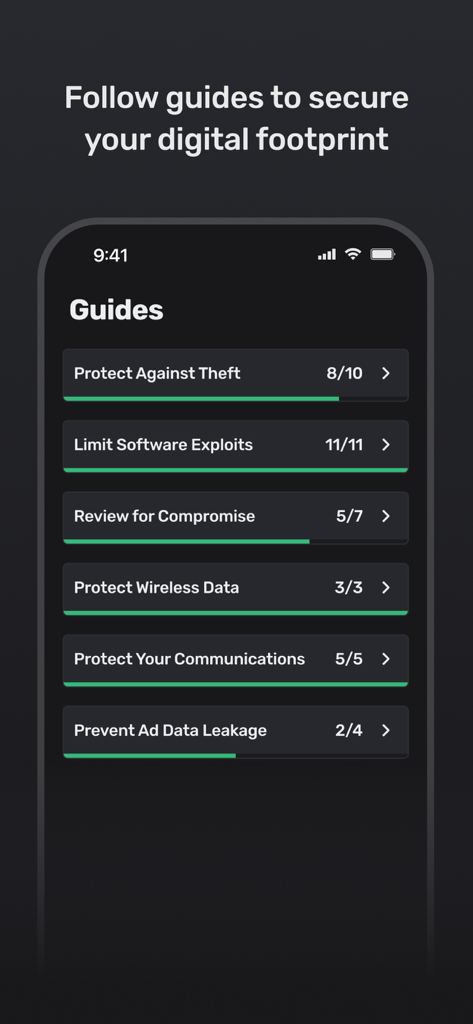 iVerify Basic - Una captura de pantalla de la aplicación iVerify Basic mostrando una lista de guías de seguridad con barras de progreso para categorías como protección contra robos, exploits de software y fuga de datos.