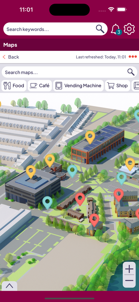 Beacon - Digital Guide - 3D interactive campus map within the Beacon digital guide app showing points of interest