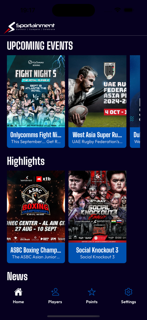 Sportainment - Sportainment app home screen featuring upcoming events and highlights of boxing and rugby.