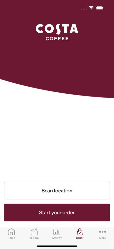 Costa Coffee Gibraltar - コスタコーヒー ジブラルタルアプリのインターフェース。注文タブと、店舗場所のスキャンボタン、注文開始ボタンが表示されています