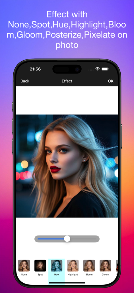 Interface of the Pic Lab app showing a portrait being edited with various visual effects like hue and highlight