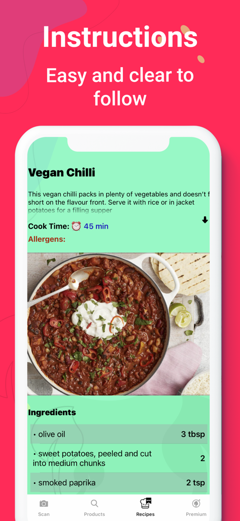 iVegan - Screenshot dell'app iVegan che mostra una ricetta di chili vegano con ingredienti e istruzioni di preparazione
