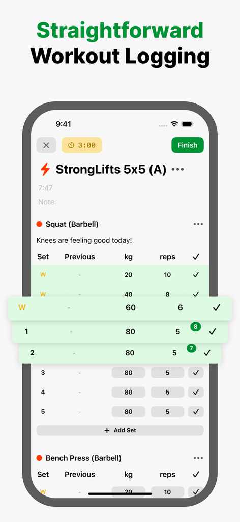 Gym Workout Planner: CrossOver - Interface of the Gym Workout Planner CrossOver app showing weightlifting sets and reps tracking for squats and bench press.
