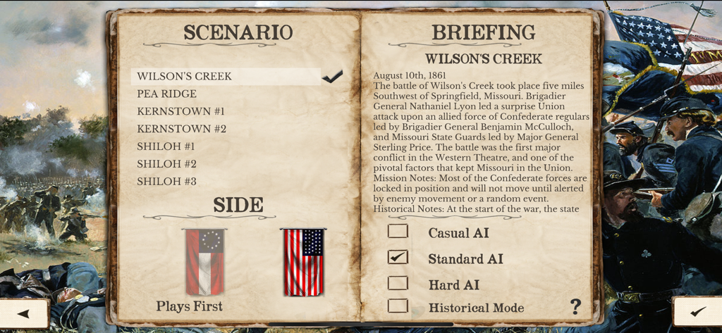 American Civil War Battles - 歴史的テキストと難易度設定を特徴とするアメリカ南北戦争ストラテジーゲームのシナリオ選択とブリーフィングメニュー。