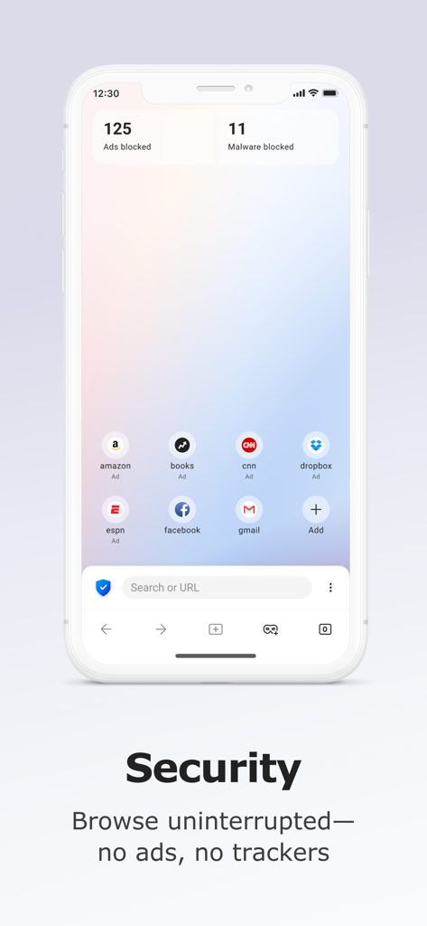 Norton Private Browser - A smartphone screen displaying the Norton Private Browser dashboard with statistics for blocked ads and malware and the text browse uninterrupted no ads no trackers.