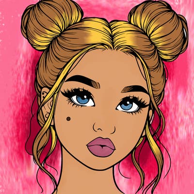 realistic girl with two buns on her hair and lips