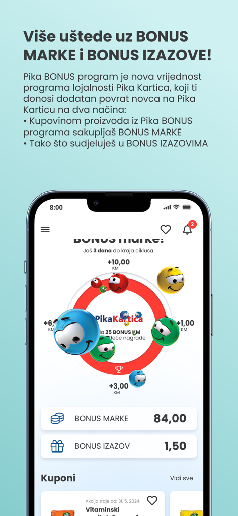 Pantalla de la aplicación de lealtad Pika Kartica BiH mostrando marcas de bonos y progreso de recompensas