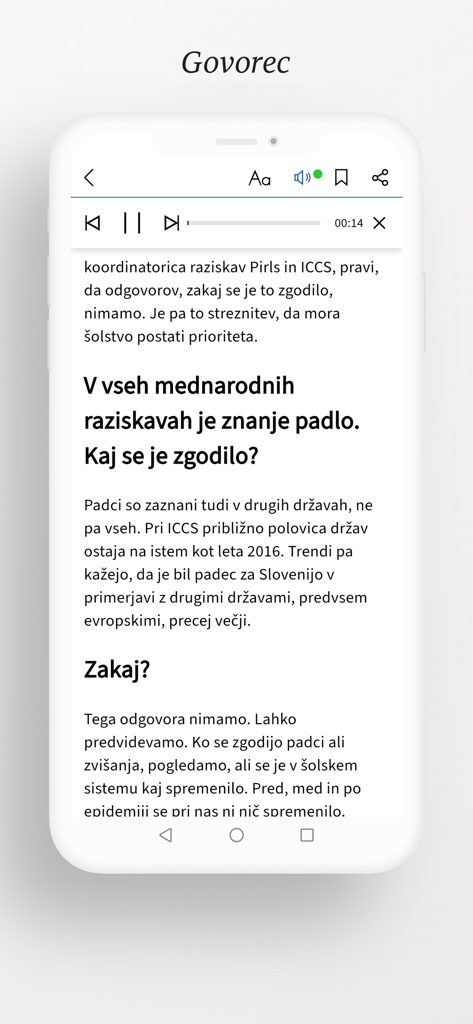 Interfaz de la aplicación Delo mostrando un artículo de noticias esloveno con controles de audio de texto a voz integrados