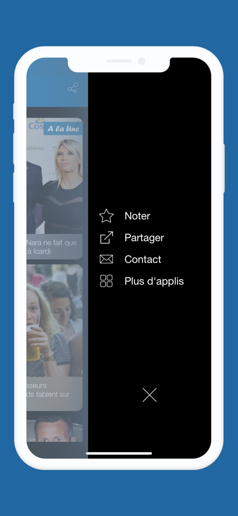 Menu laterale dell'app Footmag che mostra le opzioni per valutare, condividere e contattare in francese