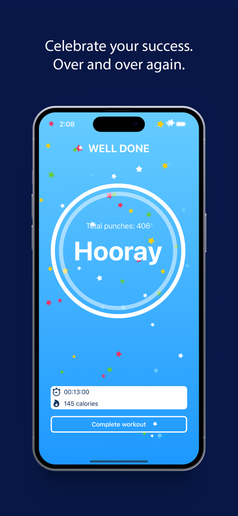 Boxing Coach Workout Timer - Boxing workout summary screen showing total punches duration and calories burned