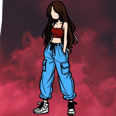 girl in baggy pants crop top and long hair