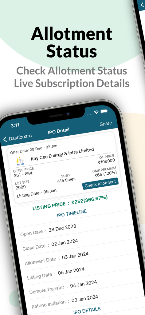 IPO Market GMP Allotment News - A screenshot of the IPO Market app displaying allotment status live subscription details and an investment timeline for an Indian stock market IPO.