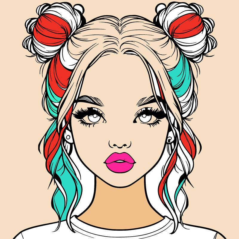 realistic girl with two buns in hair and lips