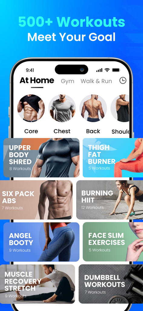 Home Workout app interface showing over 500 workouts across categories like HIIT and abs.
