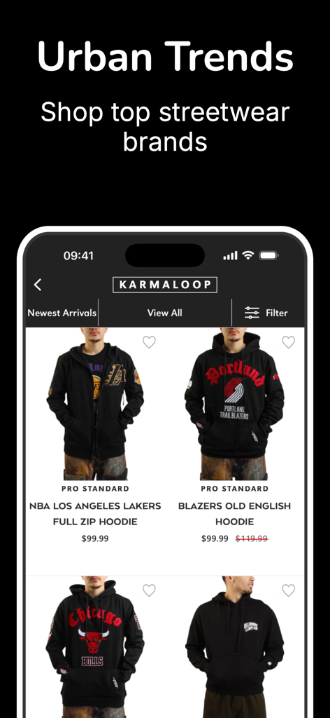 Karmaloop.com - Karmaloop app interface showing urban trends and top streetwear hoodies