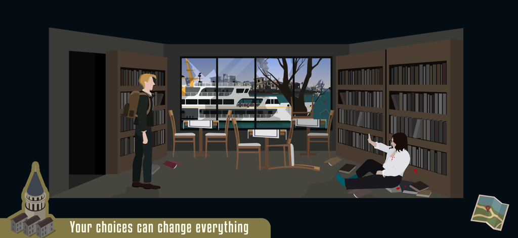 Quakeline - Hand-drawn interior scene from Quakeline game showing two characters in a library with a ferry visible through the window.