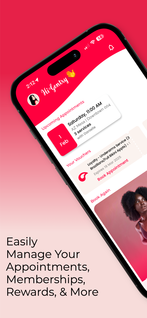 Hello Sugar app interface for managing appointments and rewards