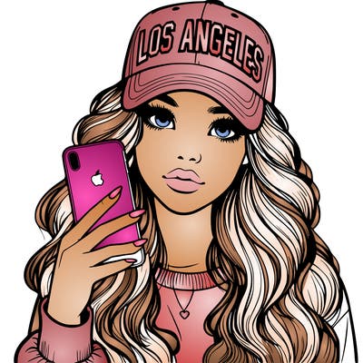 realistic beautiful girl wearing los ángeles cap holding an iphone