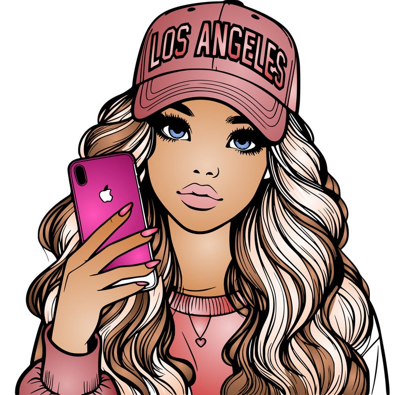 realistic beautiful girl wearing los ángeles cap holding an iphone