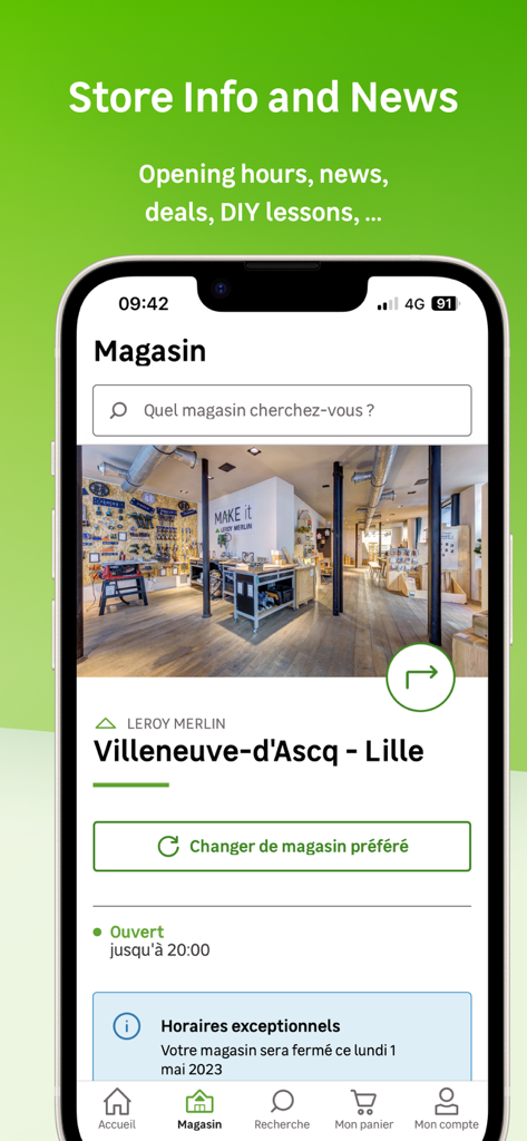 Leroy Merlin app screen showing store location details and opening hours