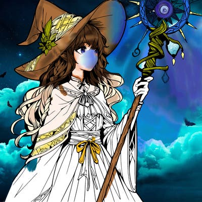a realistic fantasy manga witch with a staff