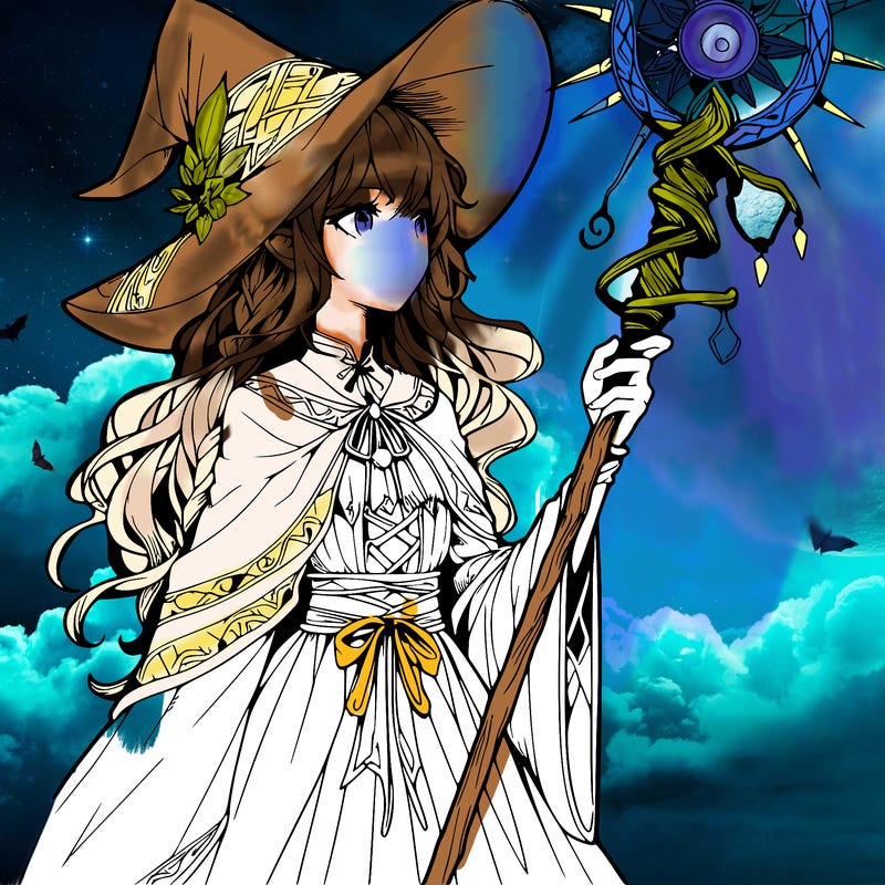 a realistic fantasy manga witch with a staff