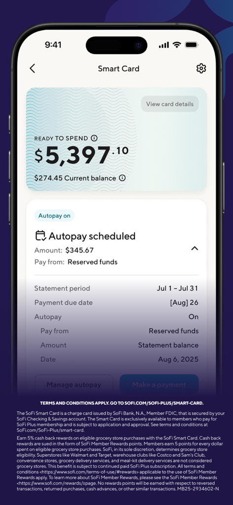 SoFi app interface displaying Smart Card balance and scheduled autopay settings