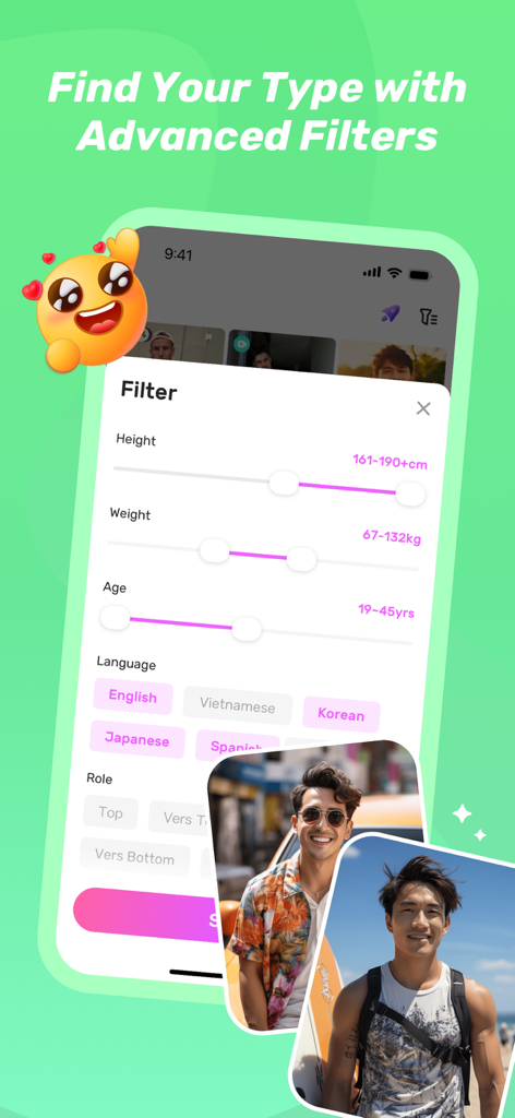 HeeSay app interface showing advanced search filters for dating profiles including height weight and age