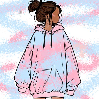 realistic girl with a oversized sweatshirt on and a bun