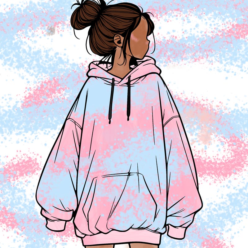 realistic girl with a oversized sweatshirt on and a bun