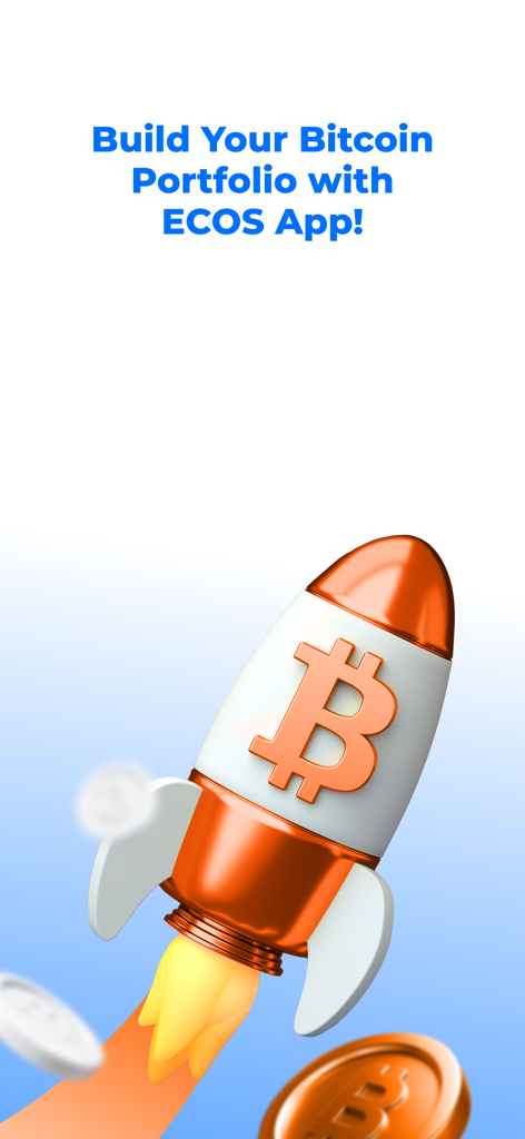 ECOS: Bitcoin Mining & Wallet - Un cohete con un símbolo de Bitcoin despegando hacia arriba para promocionar la creación de una cartera con la aplicación de ECOS